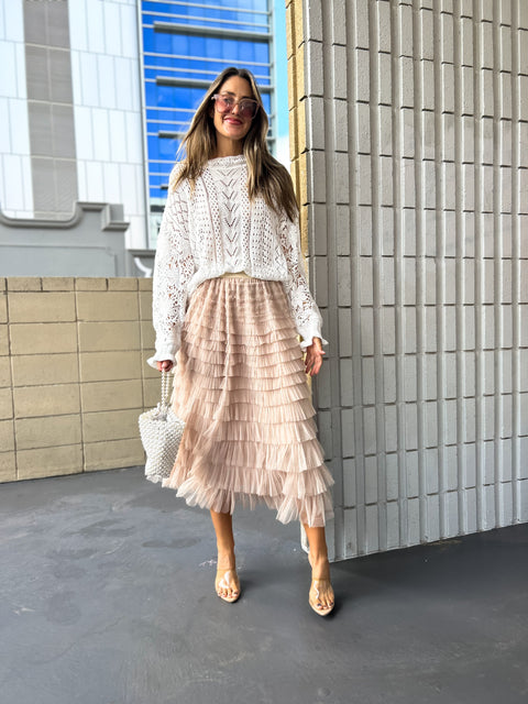 SELENA Tulle Feathered Maxi Skirt - Nude (Pre-order)