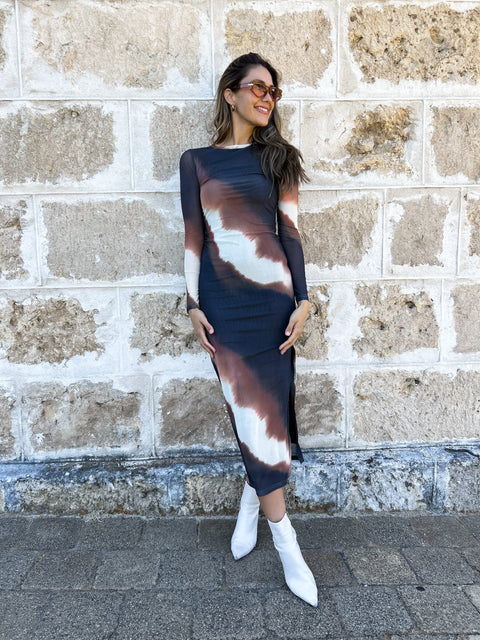 FOSTER Sleeved Midi Dress - Coffee Ombre