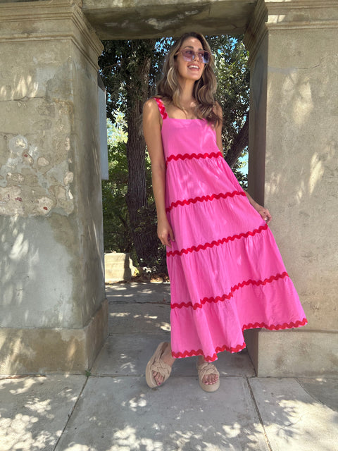 KARA Ric Rac Maxi Dress - Pink/Red