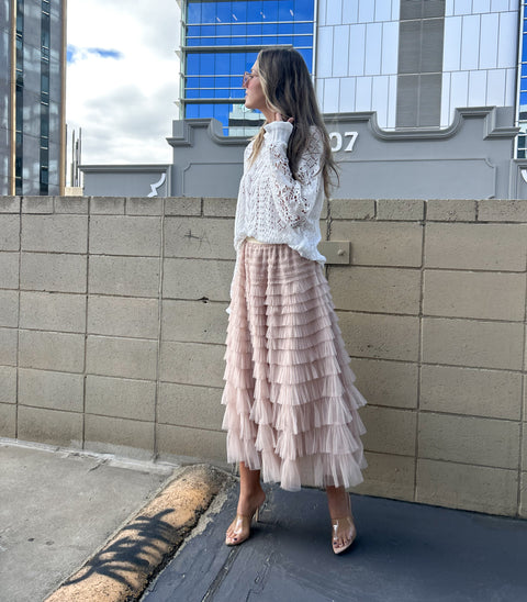 SELENA Tulle Feathered Maxi Skirt - Nude (Pre-order)