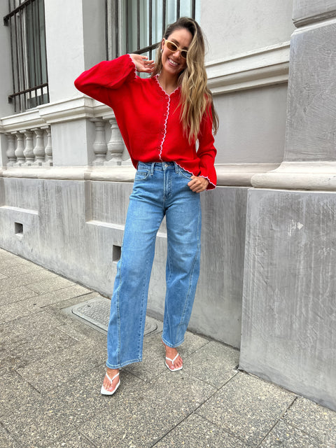 QUEENIE Scalloped Cardigan - Red/Pink