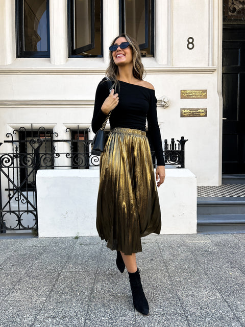 FARRAH Metallic Pleated Skirt - Vintage Gold