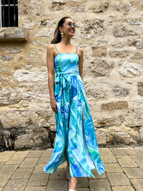WHITNEY Split Leg Jumpsuit - Blue Floral