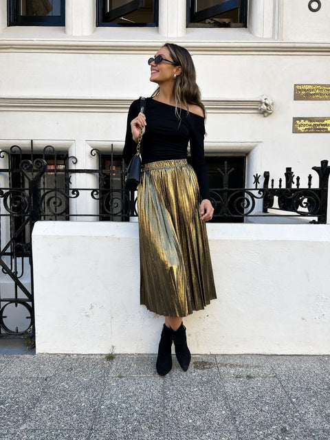 FARRAH Metallic Pleated Skirt - Vintage Gold (Pre-order)