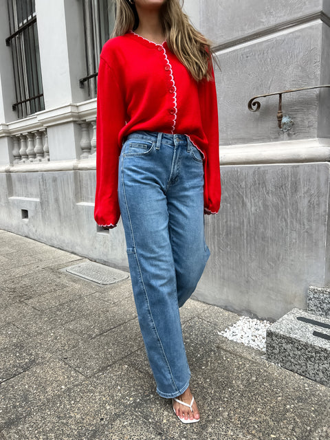 QUEENIE Scalloped Cardigan - Red/Pink