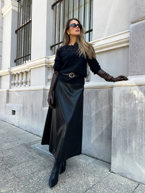 FRANKLIN Leather Midi Skirt - Black