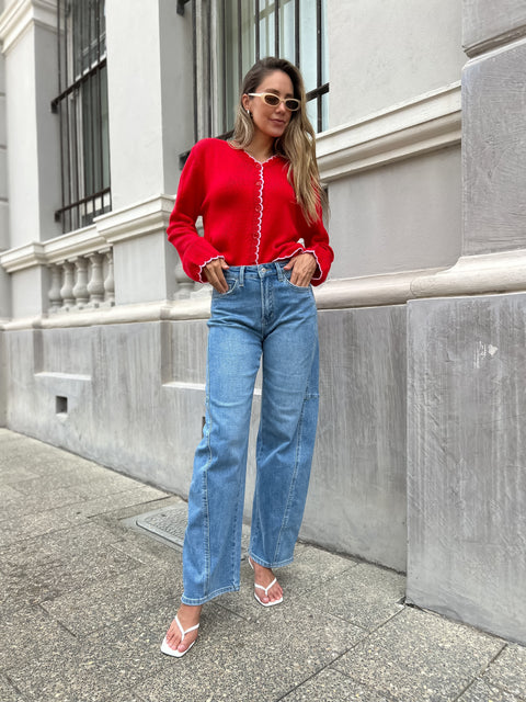 QUEENIE Scalloped Cardigan - Red/Pink