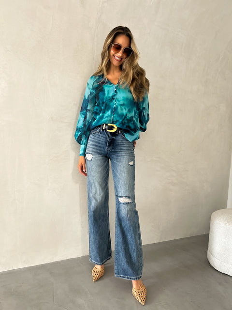 ERIKA Floral Print Top - Teal Floral