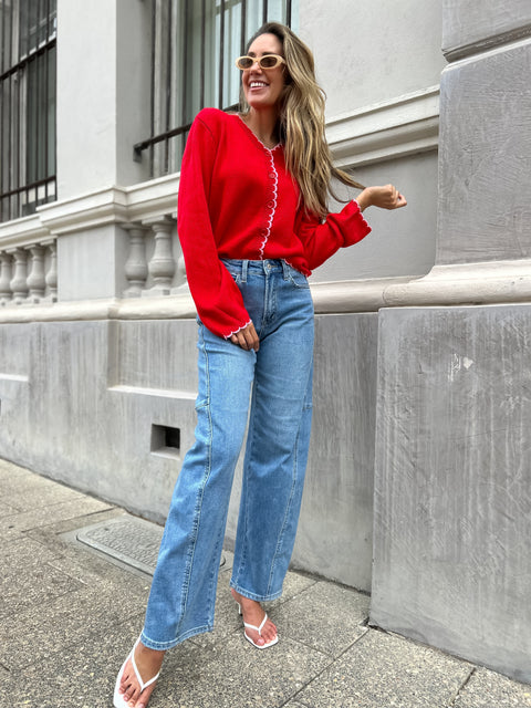 QUEENIE Scalloped Cardigan - Red/Pink