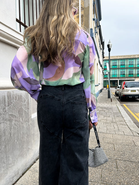 FERERRA Balloon Sleeve Top - Violet/Green