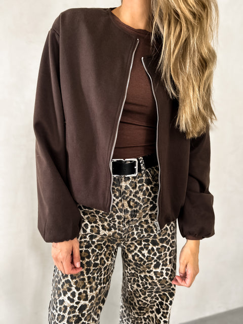 SOLEIL Suede Bomber Jacket - Chocolate