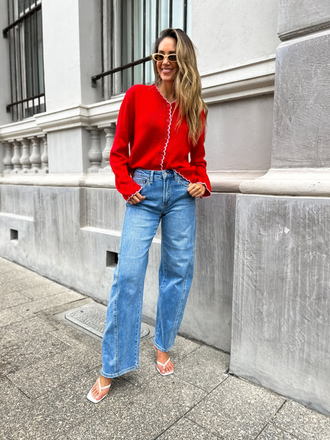 QUEENIE Scalloped Cardigan - Red/Pink