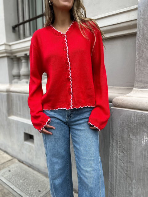 QUEENIE Scalloped Cardigan - Red/Pink