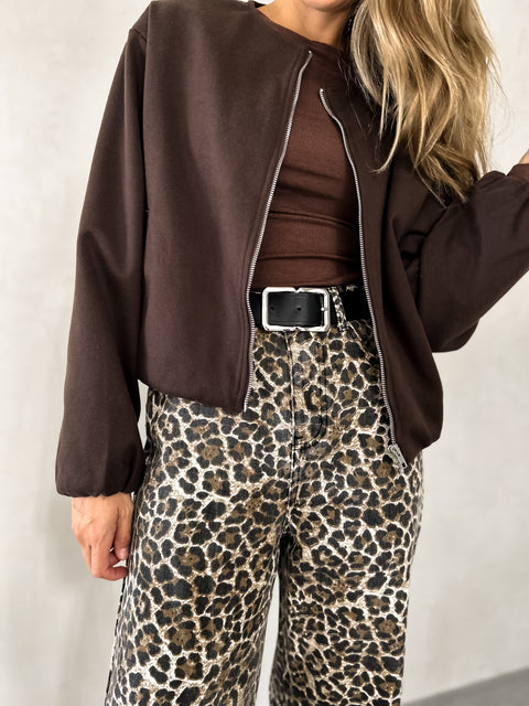 SOLEIL Suede Bomber Jacket - Chocolate