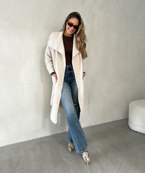 ESBER Cable Knit Longline Cardigan - Oatmeal