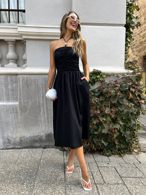 MARLEY Pocketed Halter Dress - Black