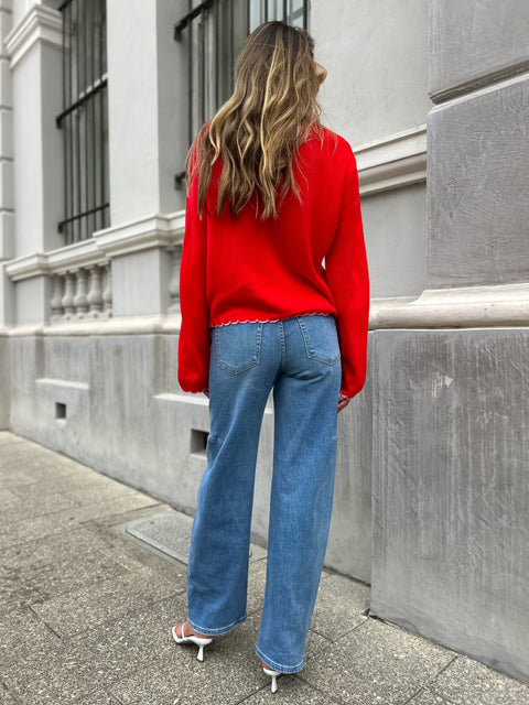 QUEENIE Scalloped Cardigan - Red/Pink
