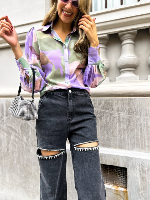 FERERRA Balloon Sleeve Top - Violet/Green