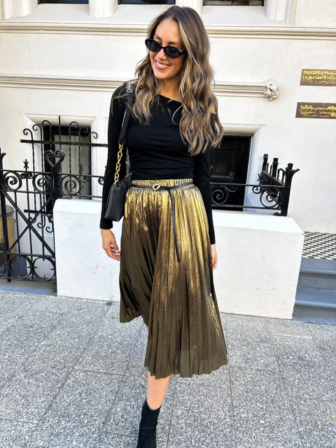 FARRAH Metallic Pleated Skirt - Vintage Gold