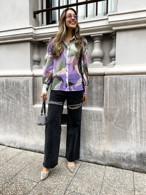 FERERRA Balloon Sleeve Top - Violet/Green