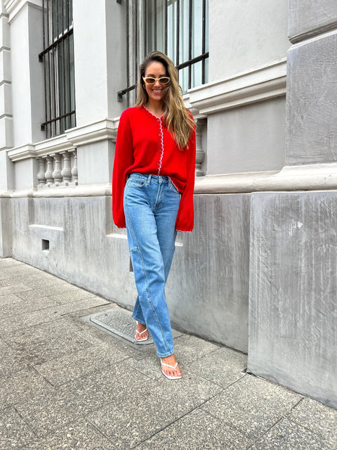QUEENIE Scalloped Cardigan - Red/Pink