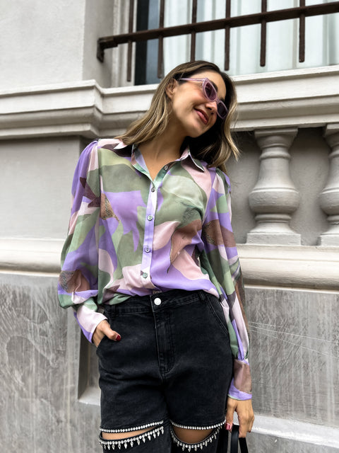 FERERRA Balloon Sleeve Top - Violet/Green