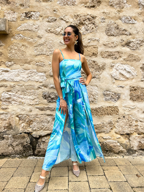 WHITNEY Split Leg Jumpsuit - Blue Floral