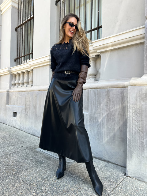FRANKLIN Leather Midi Skirt - Black