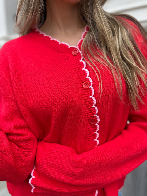 QUEENIE Scalloped Cardigan - Red/Pink