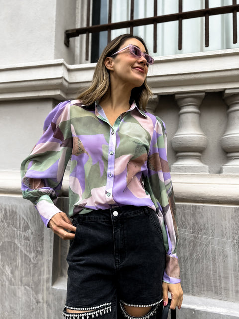 FERERRA Balloon Sleeve Top - Violet/Green