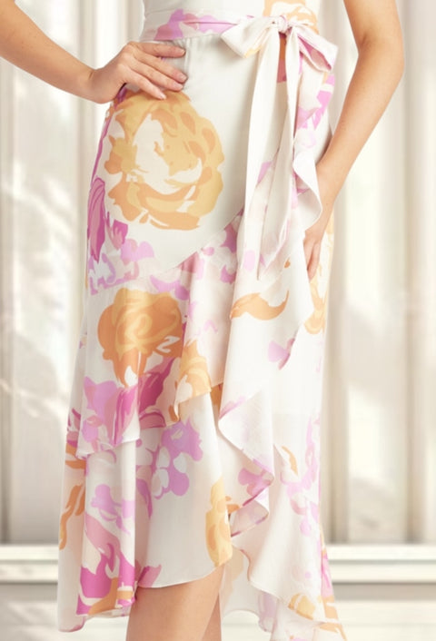 ELENOR Halter Dress with Waterfall Hem - Pink