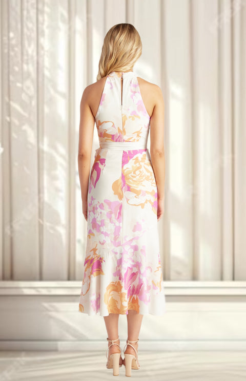 ELENOR Halter Dress with Waterfall Hem - Pink