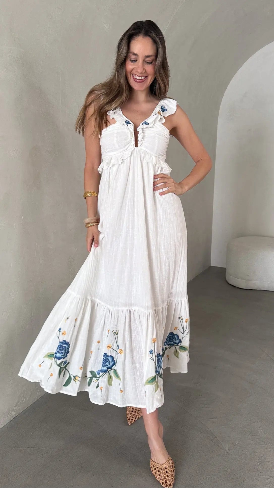 James Floral Embroidered Maxi Dress - White